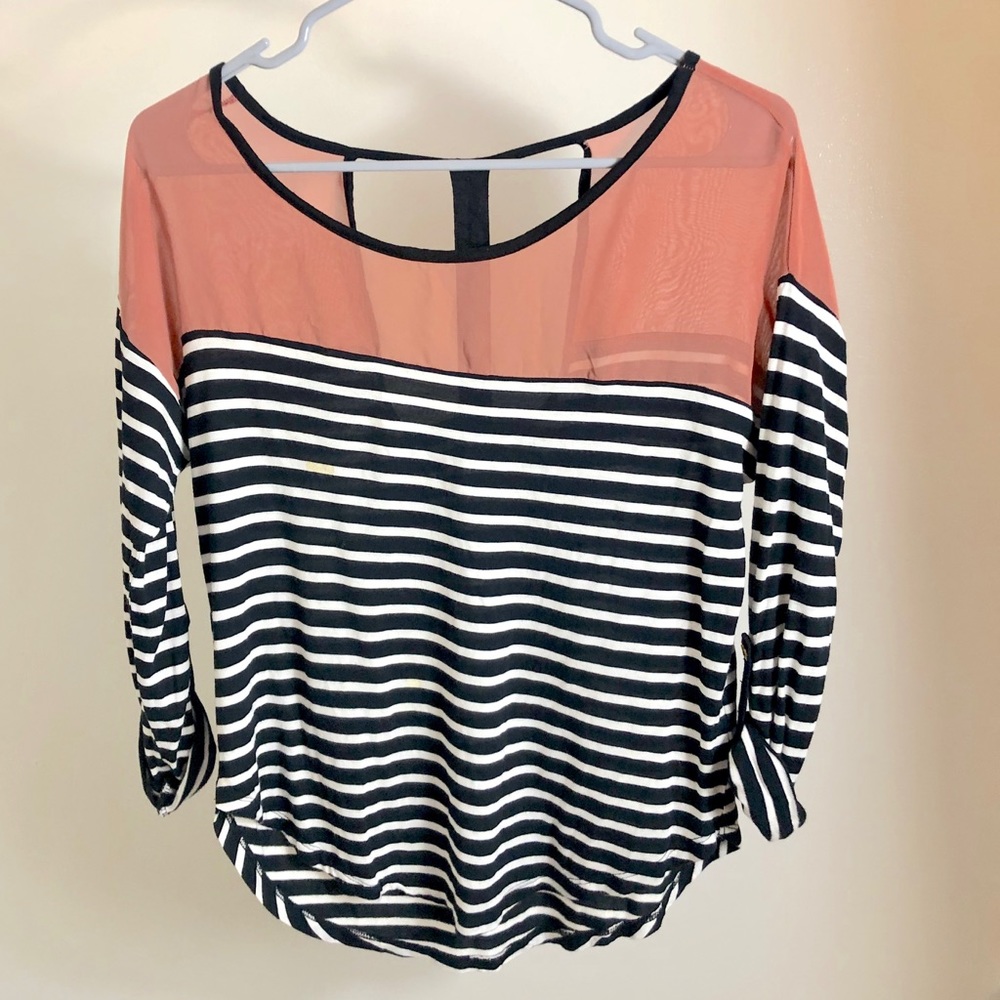 EM striped black/white shirt w/ mauve shoulders